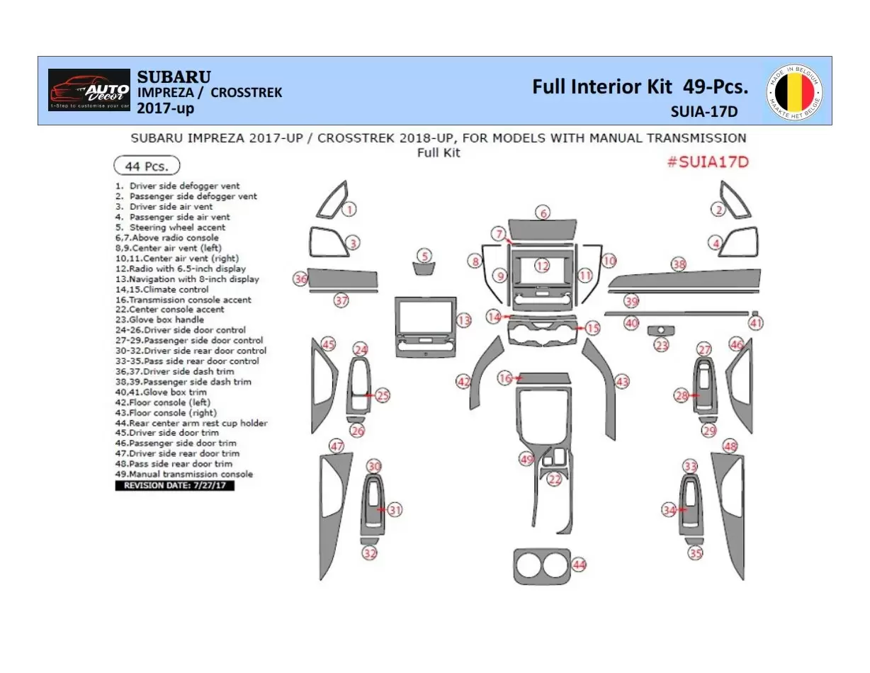 Subaru Impreza Crosstreck 2018-2022 Kit la décoration du tableau de bord Pièce - 1 - habillage decor de tableau de bord