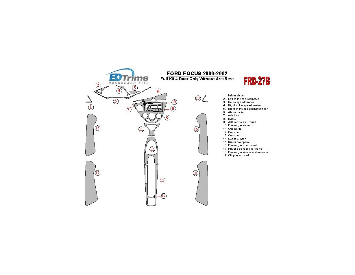 Ford Focus 2000-2002 Full Set, Without Armrest, 4 Doors, 18 Parts set BD Interieur Dashboard Bekleding Volhouder