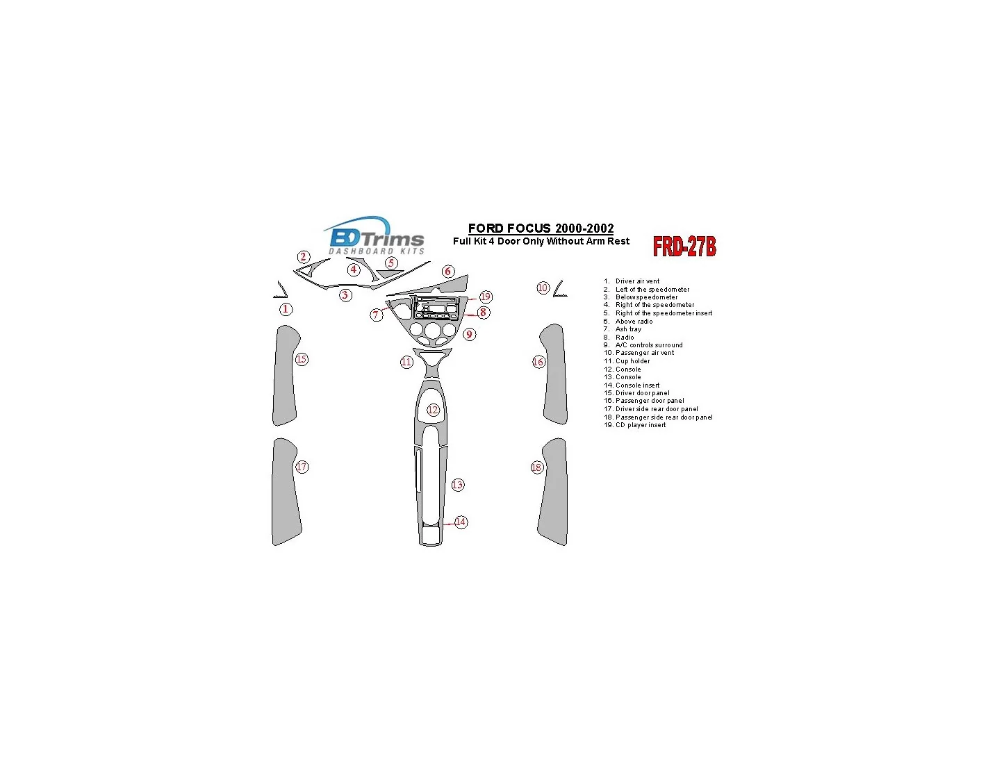 Ford Focus 2000-2002 Full Set, Without Armrest, 4 Doors, 18 Parts set Cruscotto BD Rivestimenti interni