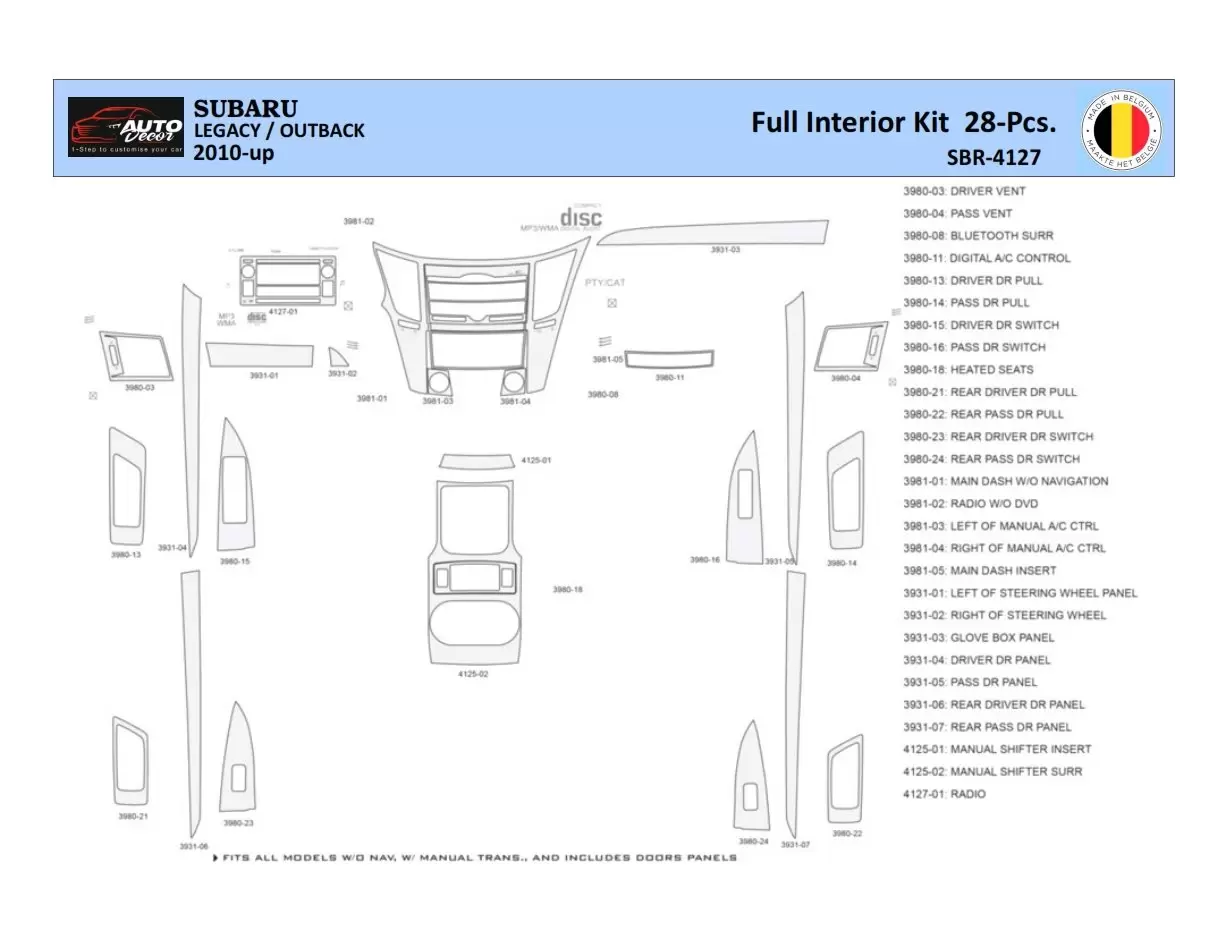 Subaru Legacy-Outback 2010 Interior WHZ Dashboard trim kit 28 Parts