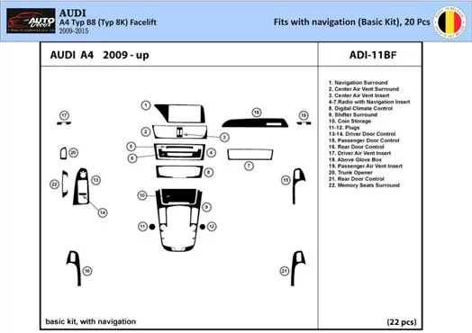 Audi A4 B8 Typ 8K 2009-2015 Kit la décoration du tableau de bord 22-Pièce - 1 - habillage decor de tableau de bord