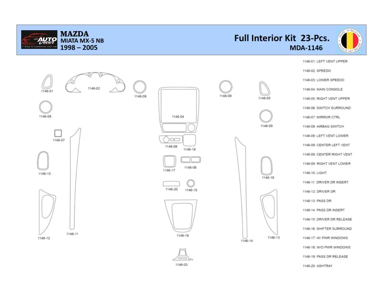 Mazda MX5 2000 Interior WHZ Dashboard trim kit 23 Parts