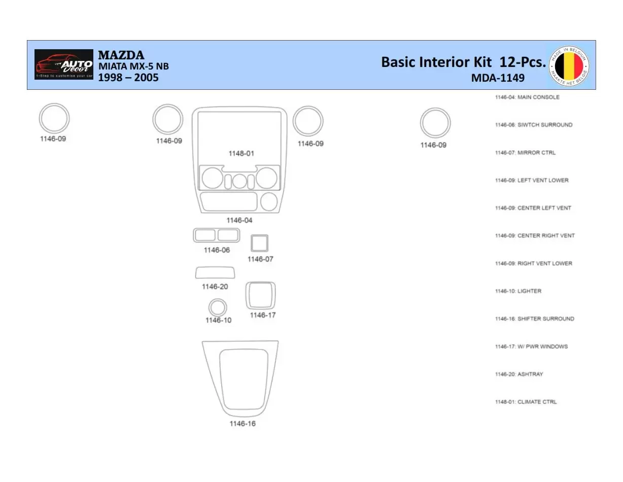 Mazda MX5 2000 Interior WHZ Dashboard trim kit 12 Parts
