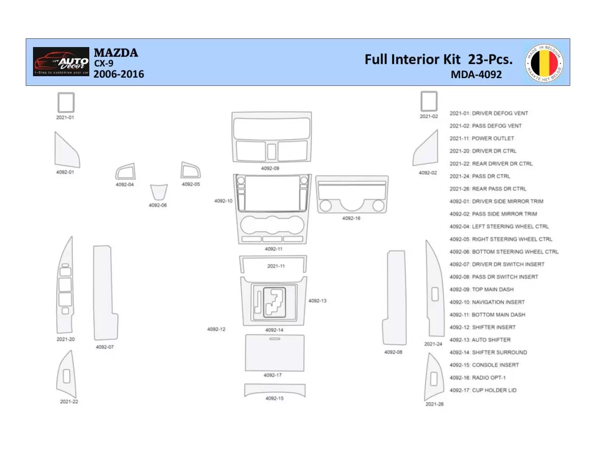 Mazda CX9 TB 2006-2016 Kit la décoration du tableau de bord 23 Pièce - 1 - habillage decor de tableau de bord