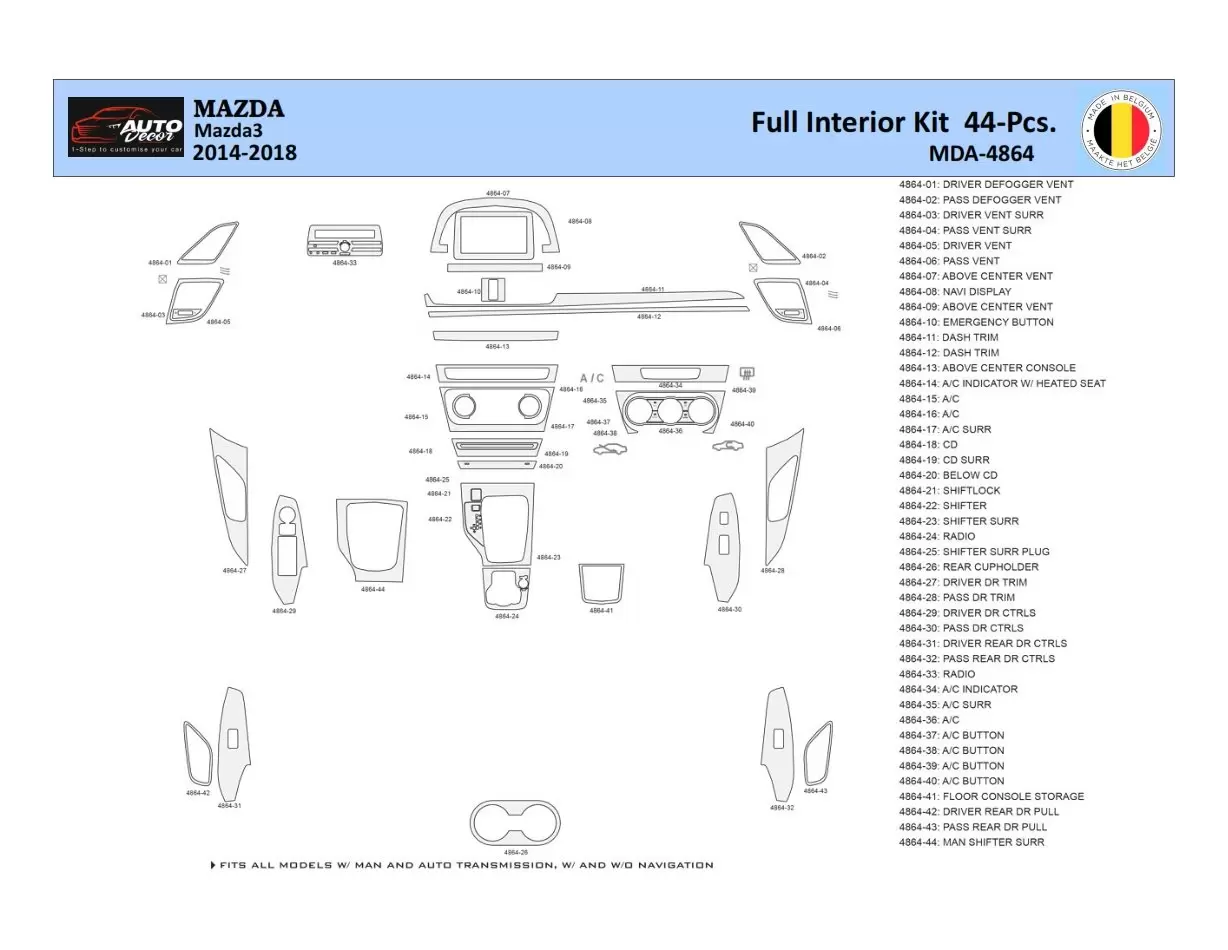 Mazda 3 2014-2018 Mittelkonsole Armaturendekor WHZ Cockpit Dekor 44 Teilige - 1- Cockpit Dekor Innenraum