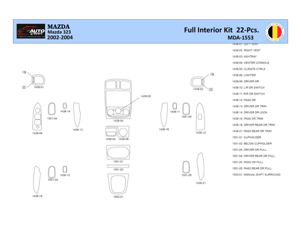 Mazda 323 2002-2004 Kit la décoration du tableau de bord 22 Pièce - 1 - habillage decor de tableau de bord