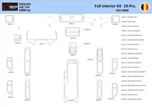 Volvo S40-V50 2004-2012 Kit la décoration du tableau de bord 19 Pièce - 1 - habillage decor de tableau de bord