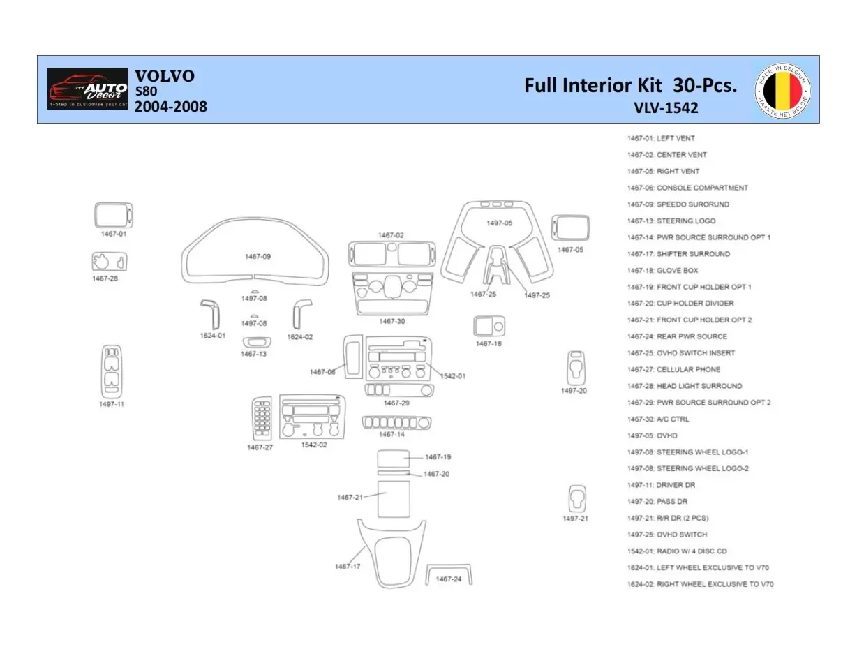 Volvo S80 2004-2006 Innenraum WHZ Armaturenbrettverkleidungssatz 30 Teile