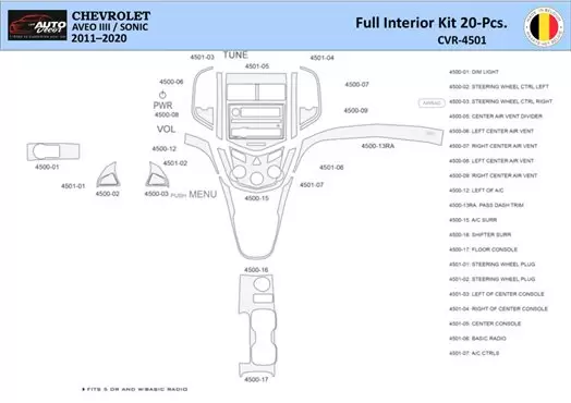 Chevrolet Aveo T300 2012–2020 Kit la décoration du tableau de bord 20 Pièce - 1 - habillage decor de tableau de bord