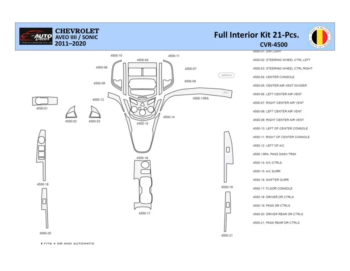 Chevrolet Aveo T300 2012–2020 Inleg dashboard Interieurset aansluitend en pasgemaakt 21 Delen