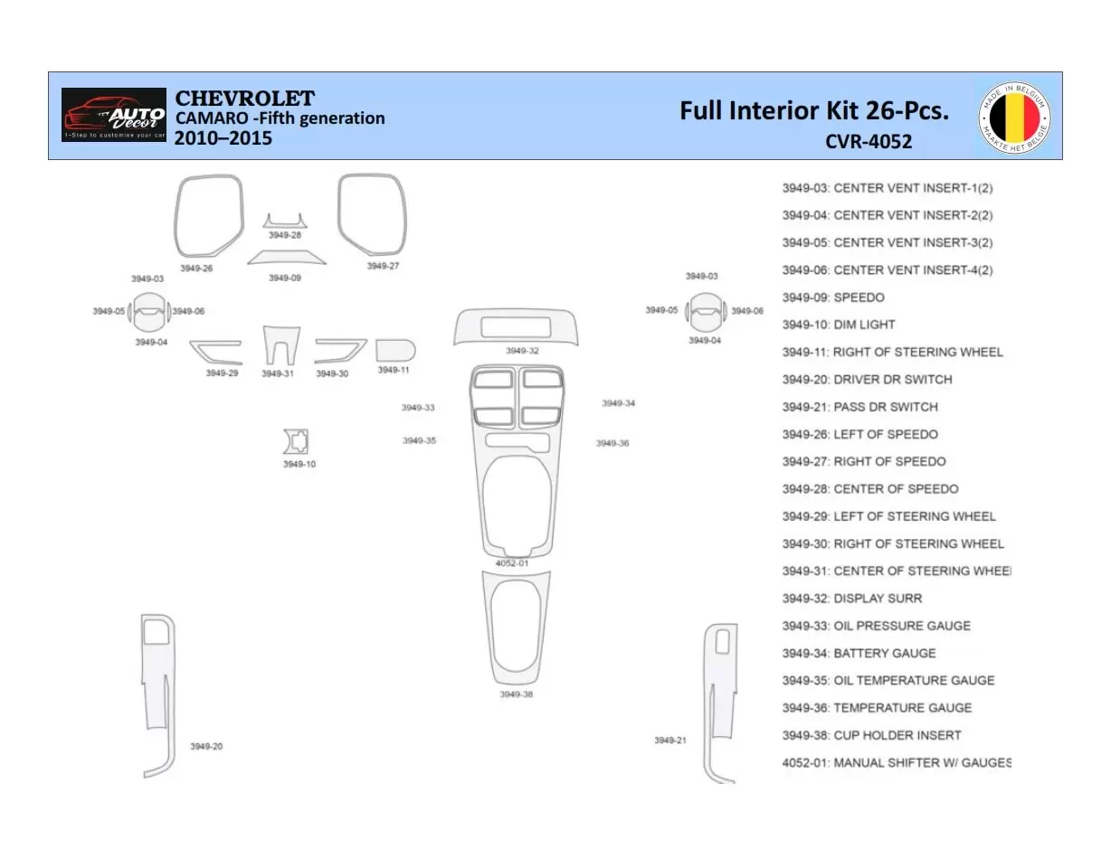 Chevrolet Camaro 2010-2015 Inleg dashboard Interieurset aansluitend en pasgemaakt 26 Delen