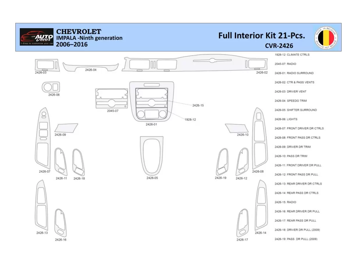 Chevrolet Impala 2006-2015 Inleg dashboard Interieurset aansluitend en pasgemaakt 21 Delen