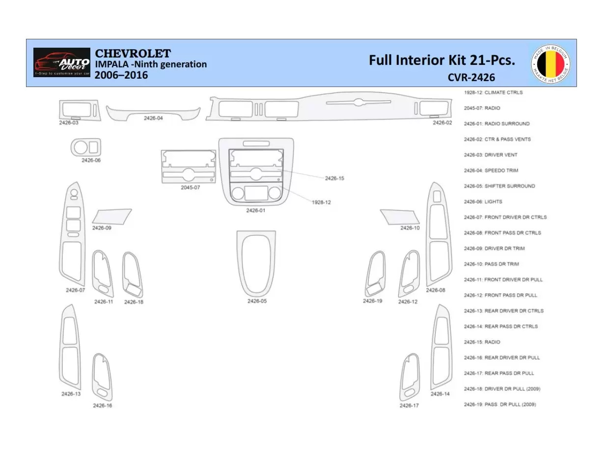 Chevrolet Impala 2006-2015 Interior WHZ Dashboard trim kit 21 Parts