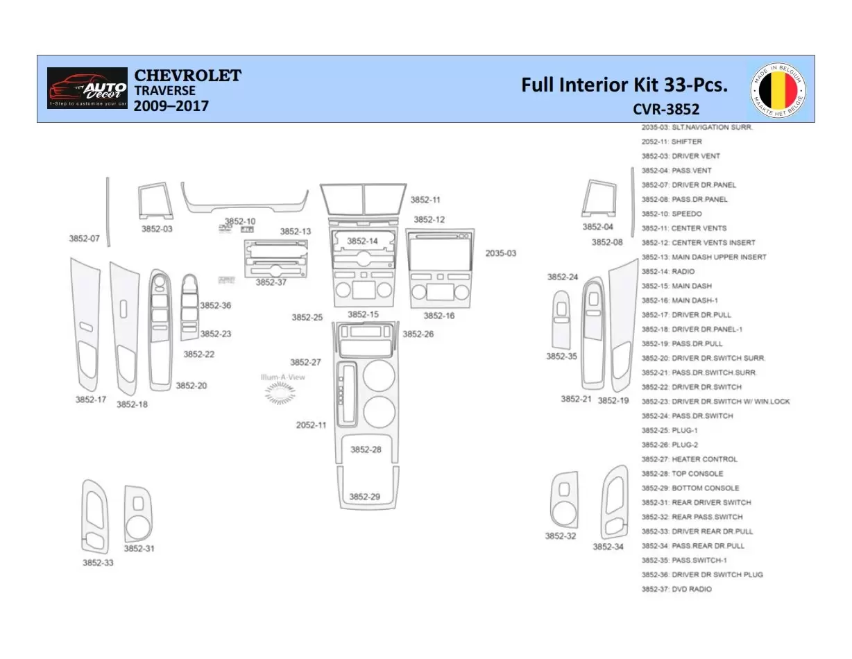 Chevrolet Traverse 2009-2013 Kit la décoration du tableau de bord 33 Pièce - 1 - habillage decor de tableau de bord