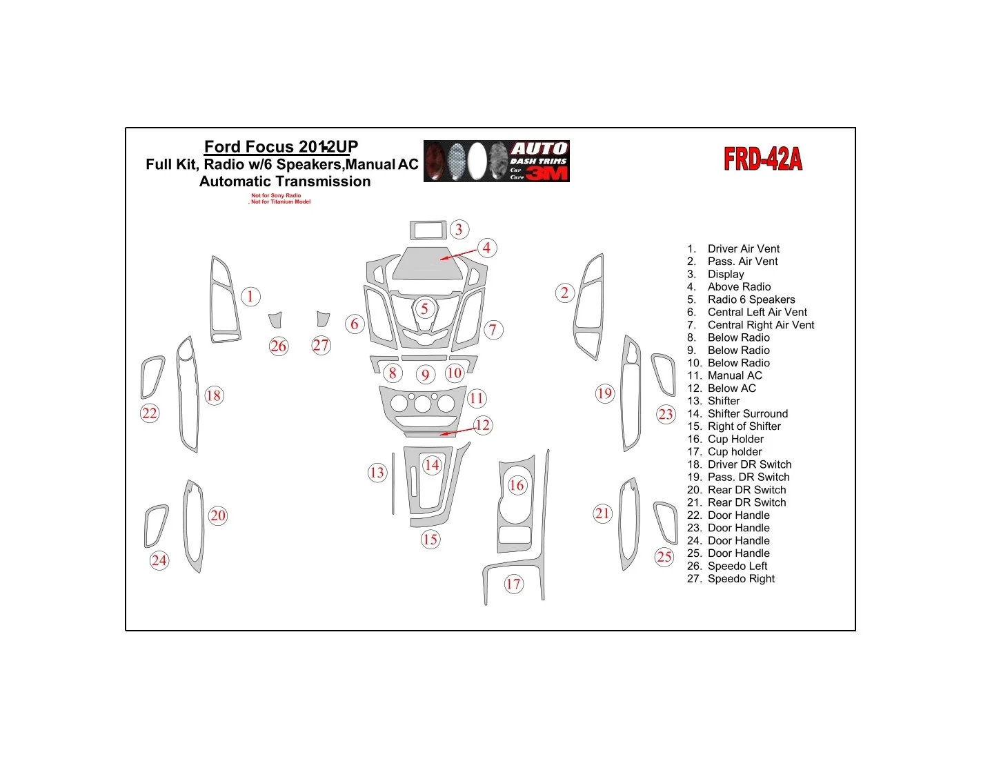 Ford Focus 2012-UP Full Set, 6 Audio-Speakers, Aircondition, Automatic Gearbox, Not Fits with Radio SONY BD Interieur Dashboard 