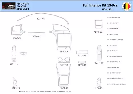 Hyundai Elantra 2001-2003 Mascherine sagomate per rivestimento cruscotti 13 Decori