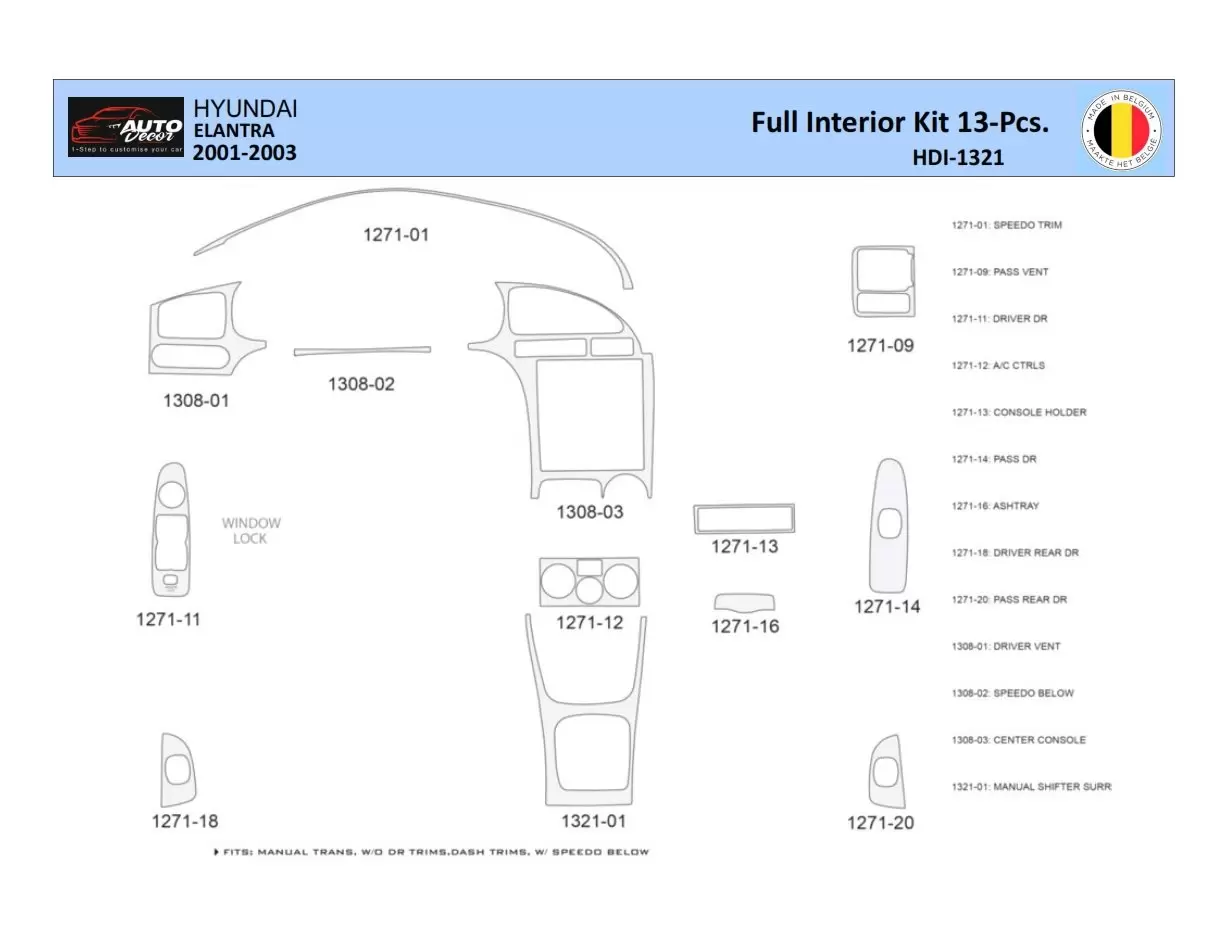 Hyundai Elantra 2001-2003 Mittelkonsole Armaturendekor WHZ Cockpit Dekor 13 Teilige - 1- Cockpit Dekor Innenraum