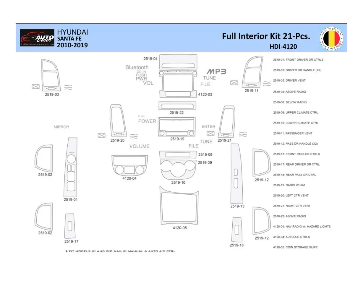 Hyundai Santa Fe 2010-2012 Interior WHZ Dashboard trim kit 21 Parts