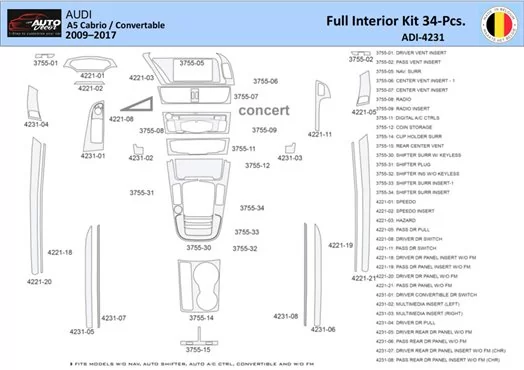 Audi A5 Cabrio 2008–2016 Mascherine sagomate per rivestimento cruscotti 40 Decori