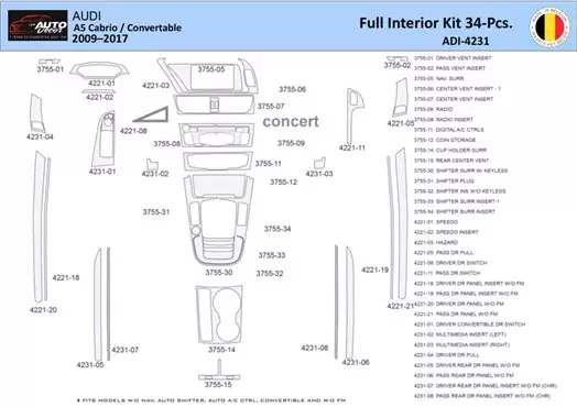 Audi A5 Cabrio 2008–2016 Inleg dashboard Interieurset aansluitend en pasgemaakt 40 Delen