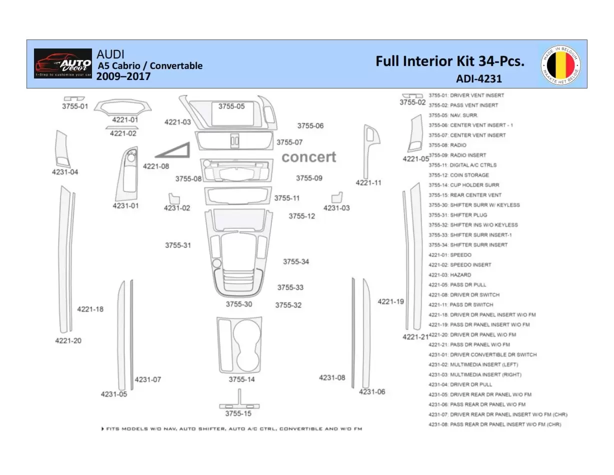 Audi A5 Cabrio 2008–2016 Inleg dashboard Interieurset aansluitend en pasgemaakt 40 Delen Audi A5 Cabrio 2008–2016 Inleg dashboard Interieurset aansluitend en pasgemaakt 40 Delen