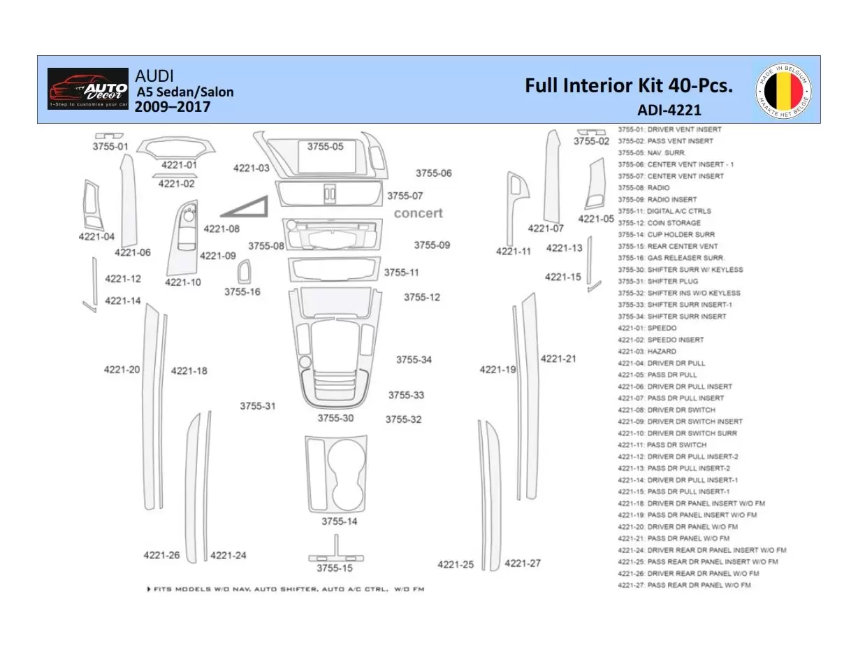 Audi A5 2008–2016 Inleg dashboard Interieurset aansluitend en pasgemaakt 40 Delen