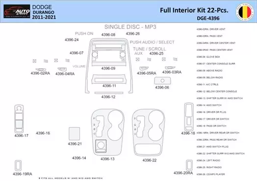 Dodge Durango WD 2011-2022 Kit la décoration du tableau de bord 22 Pièce - 1 - habillage decor de tableau de bord