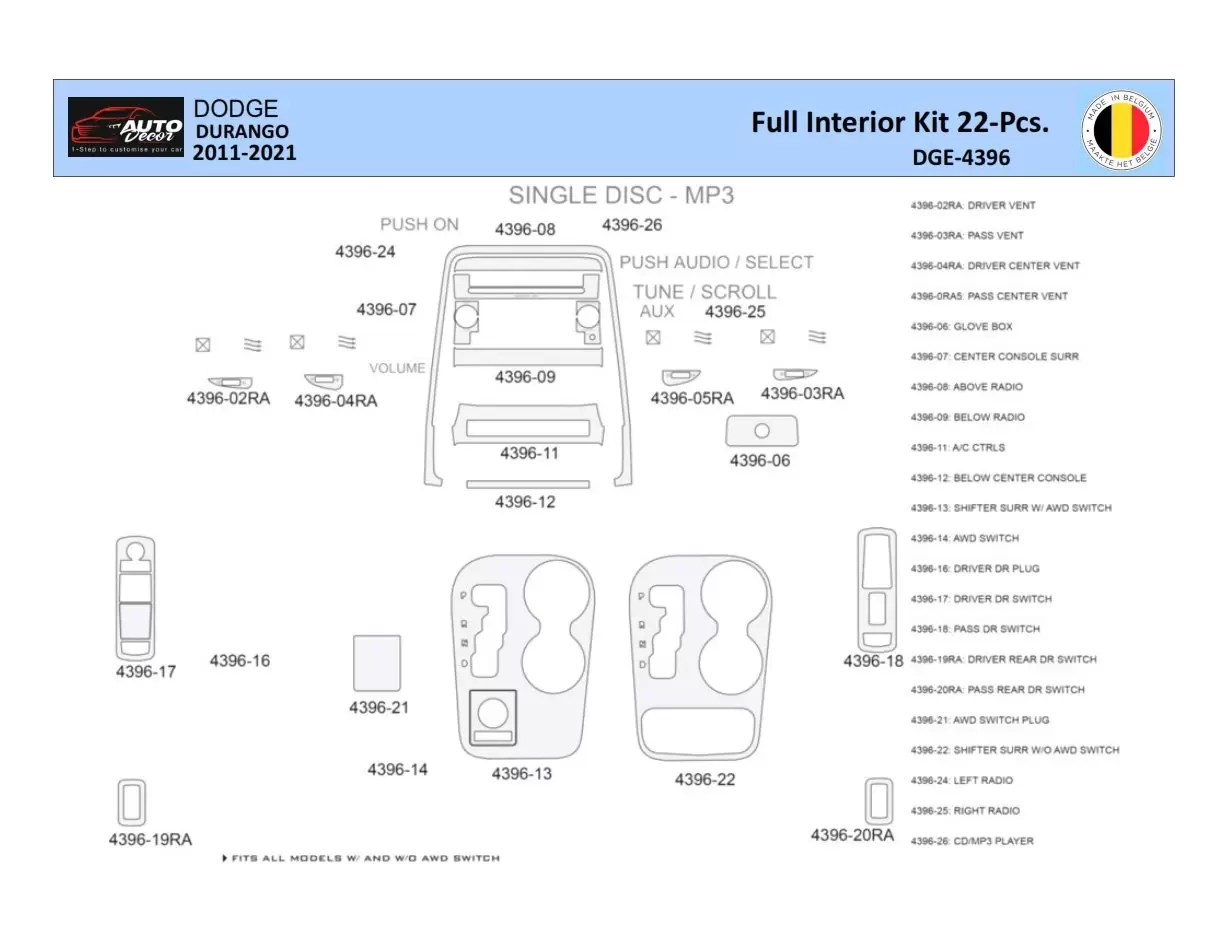 Dodge Durango WD 2011-2022 Mittelkonsole Armaturendekor WHZ Cockpit Dekor 22 Teilige - 1- Cockpit Innenraum Dekor 