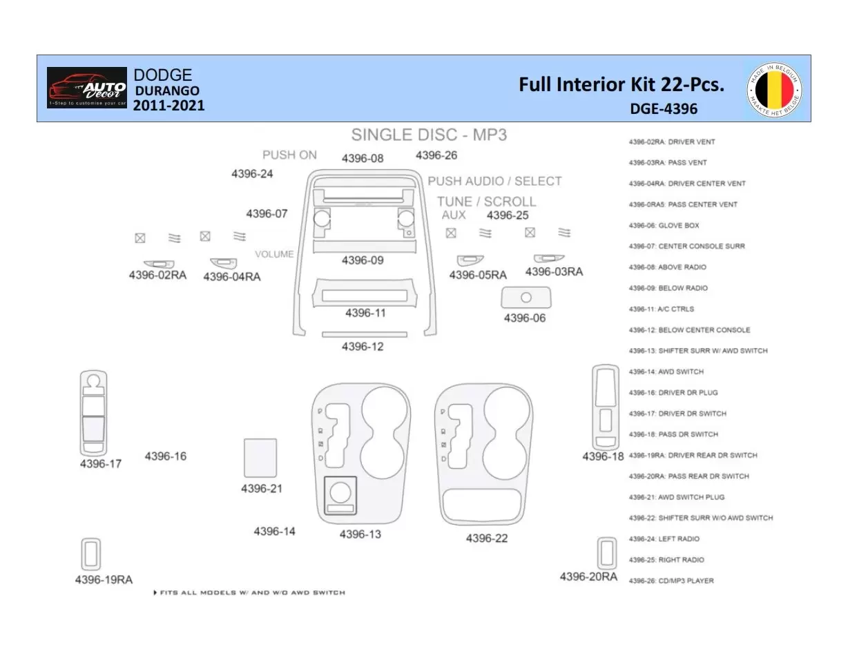 Dodge Durango WD 2011-2022 Interior WHZ Dashboard trim kit 22 Parts