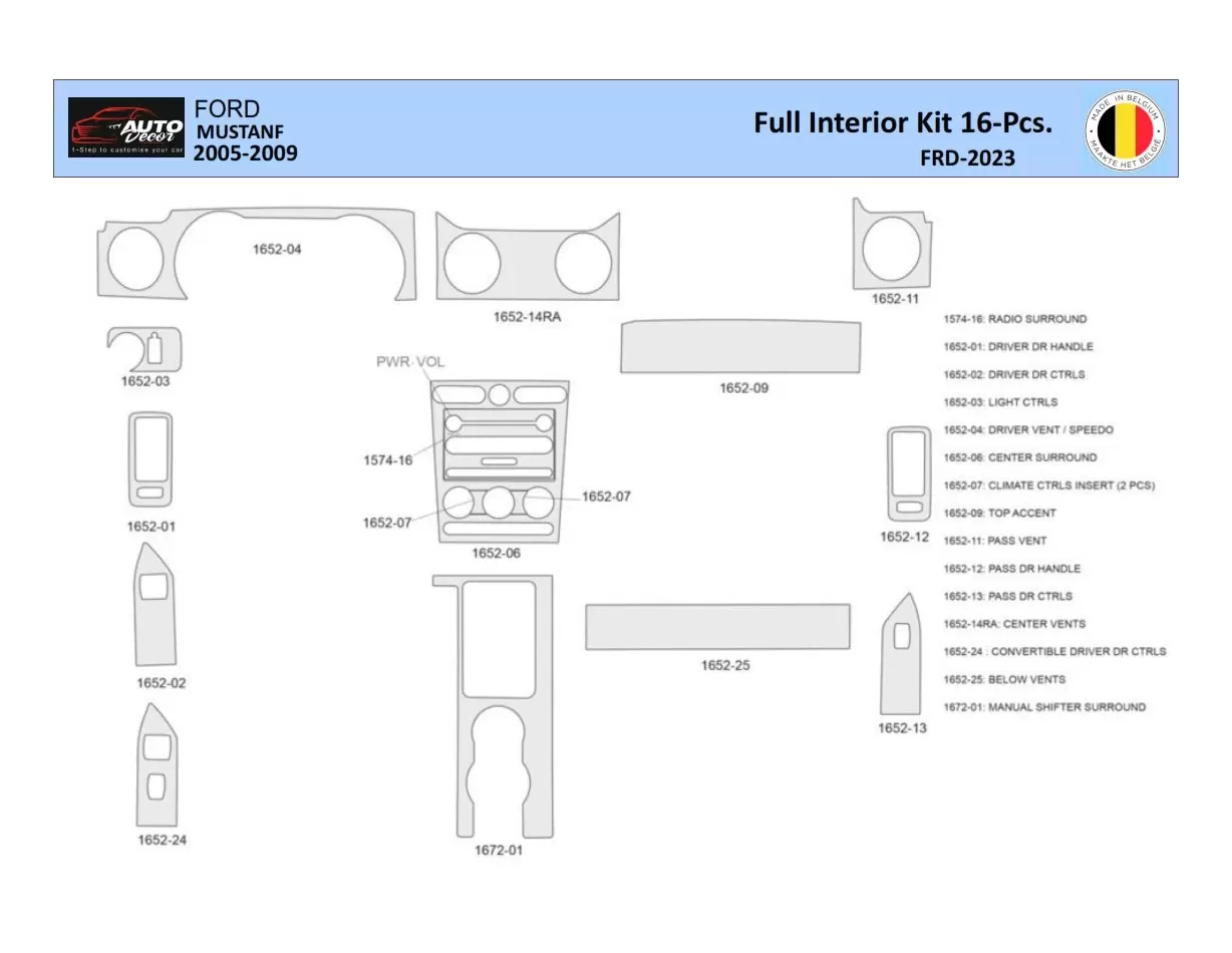 Ford Mustang 2005-2009 Kit la décoration du tableau de bord 16 Pièce - 1 - habillage decor de tableau de bord