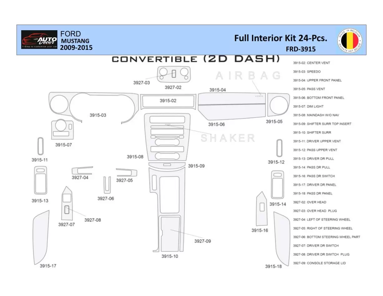 Ford Mustang 2010-2015 Kit la décoration du tableau de bord 24 Pièce - 1 - habillage decor de tableau de bord