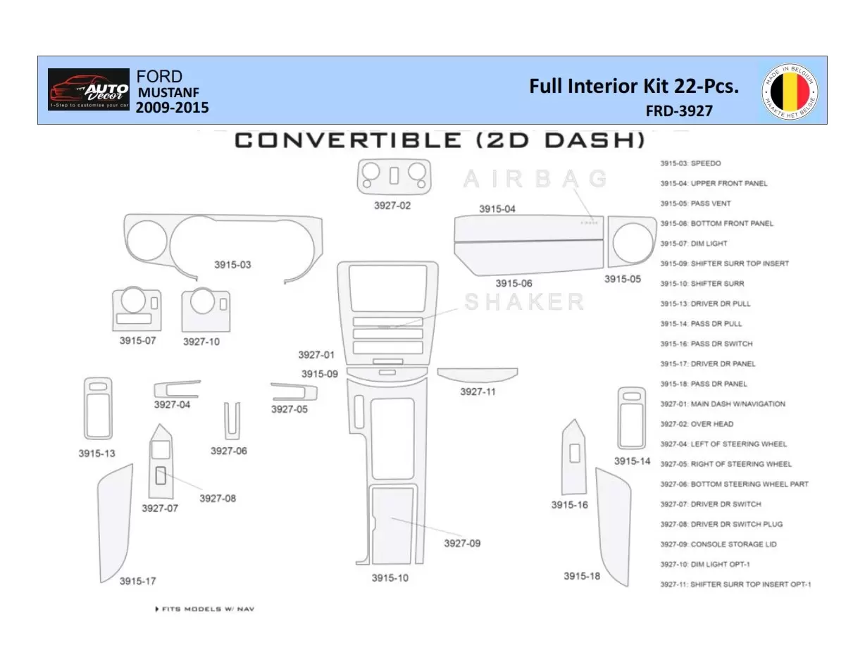 Ford Mustang 2010-2015 Inleg dashboard Interieurset aansluitend en pasgemaakt 22 Delen