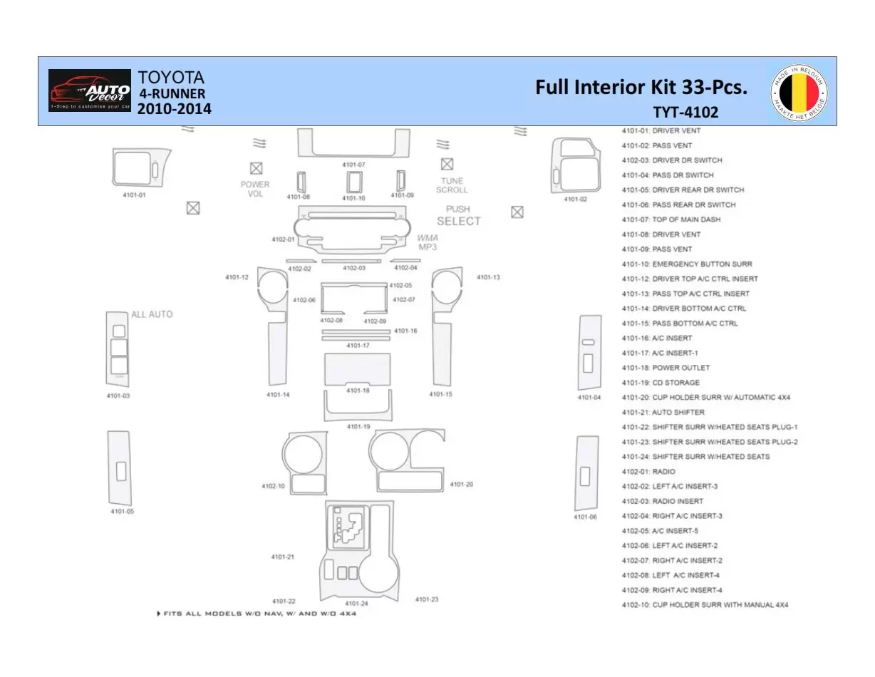Toyota 4Runner 2010-2014 Mascherine sagomate per rivestimento cruscotti 33 Decori