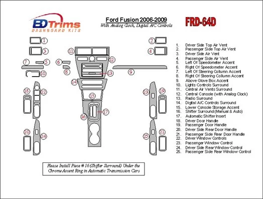 Ford Fusion 2006-2009 Avec Analogue Clock, Automatic A/C Controls BD Kit la décoration du tableau de bord - 1 - habillage decor 