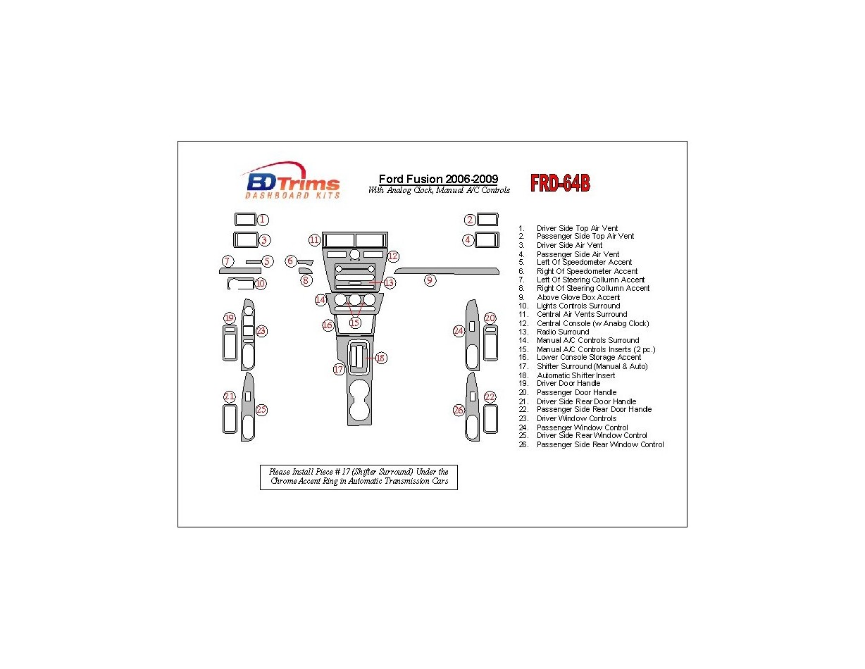 Ford Fusion 2006-2009 Avec Analogue Clock, boîte manuellebox A/C Controls BD Kit la décoration du tableau de bord - 1 - habillag