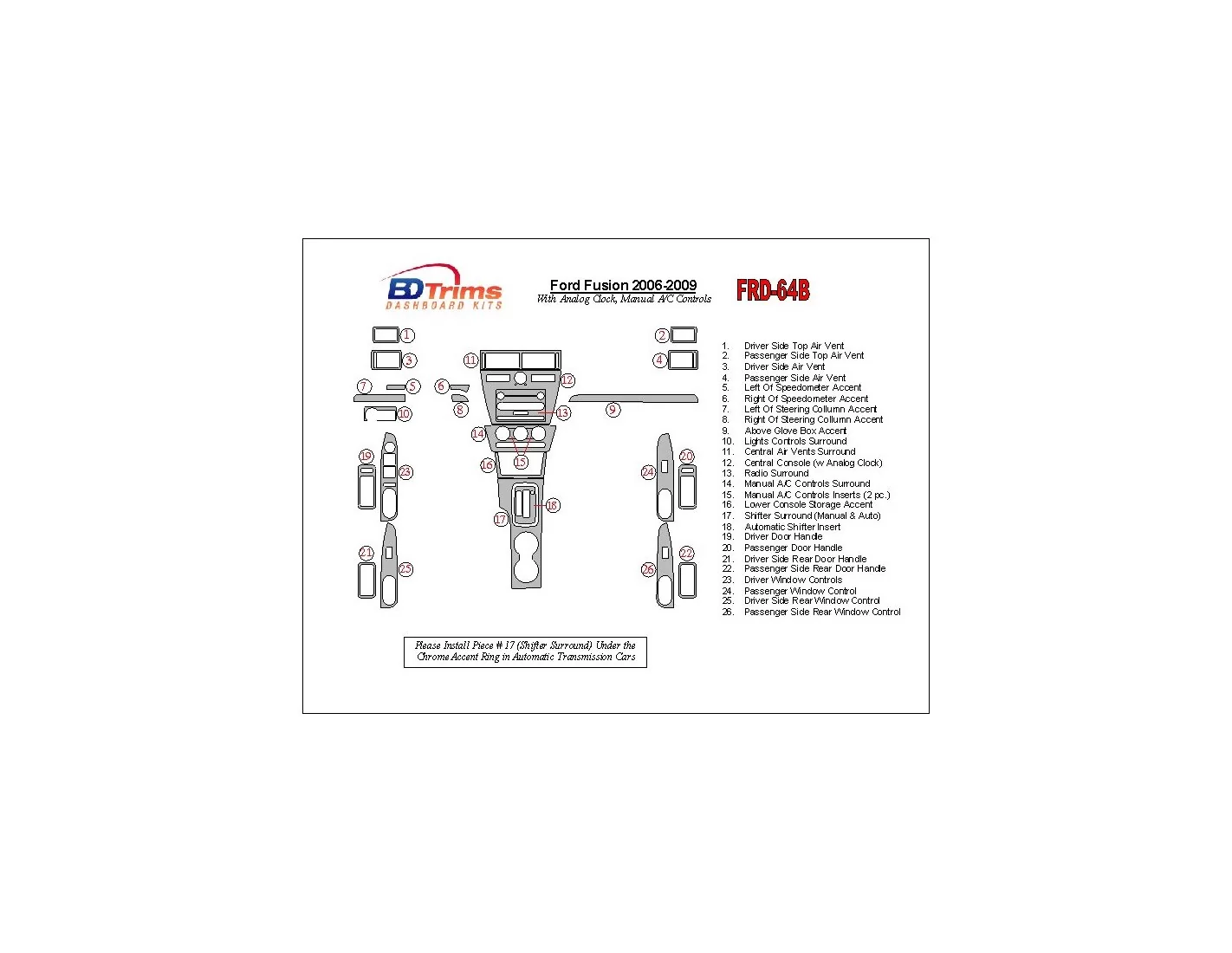 Ford Fusion 2006-2009 With Analogue Clock, Manual Gearbox A/C Controls Cruscotto BD Rivestimenti interni