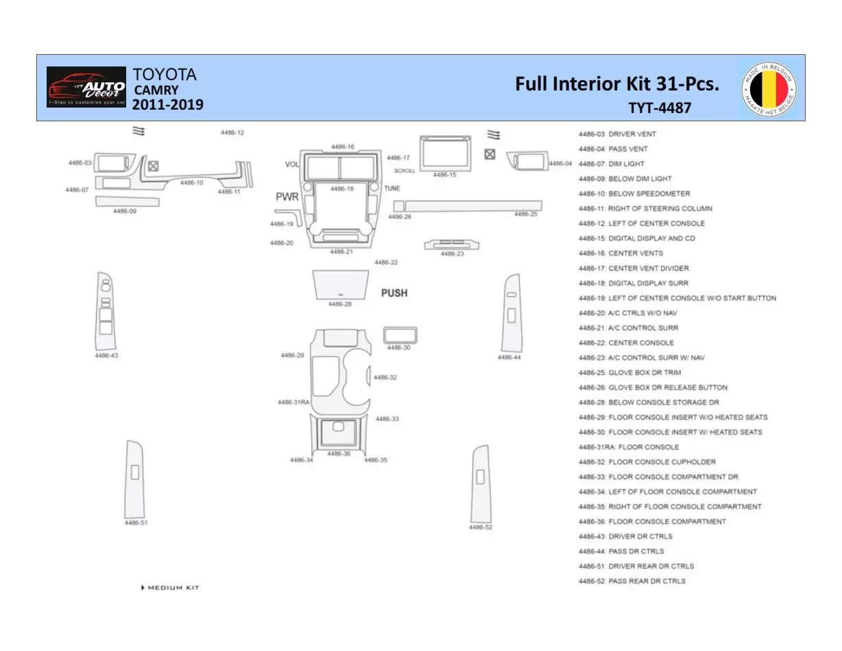 Toyota Camry 2011-2019 Mittelkonsole Armaturendekor WHZ Cockpit Dekor 31 Teilige - 1- Cockpit Dekor Innenraum