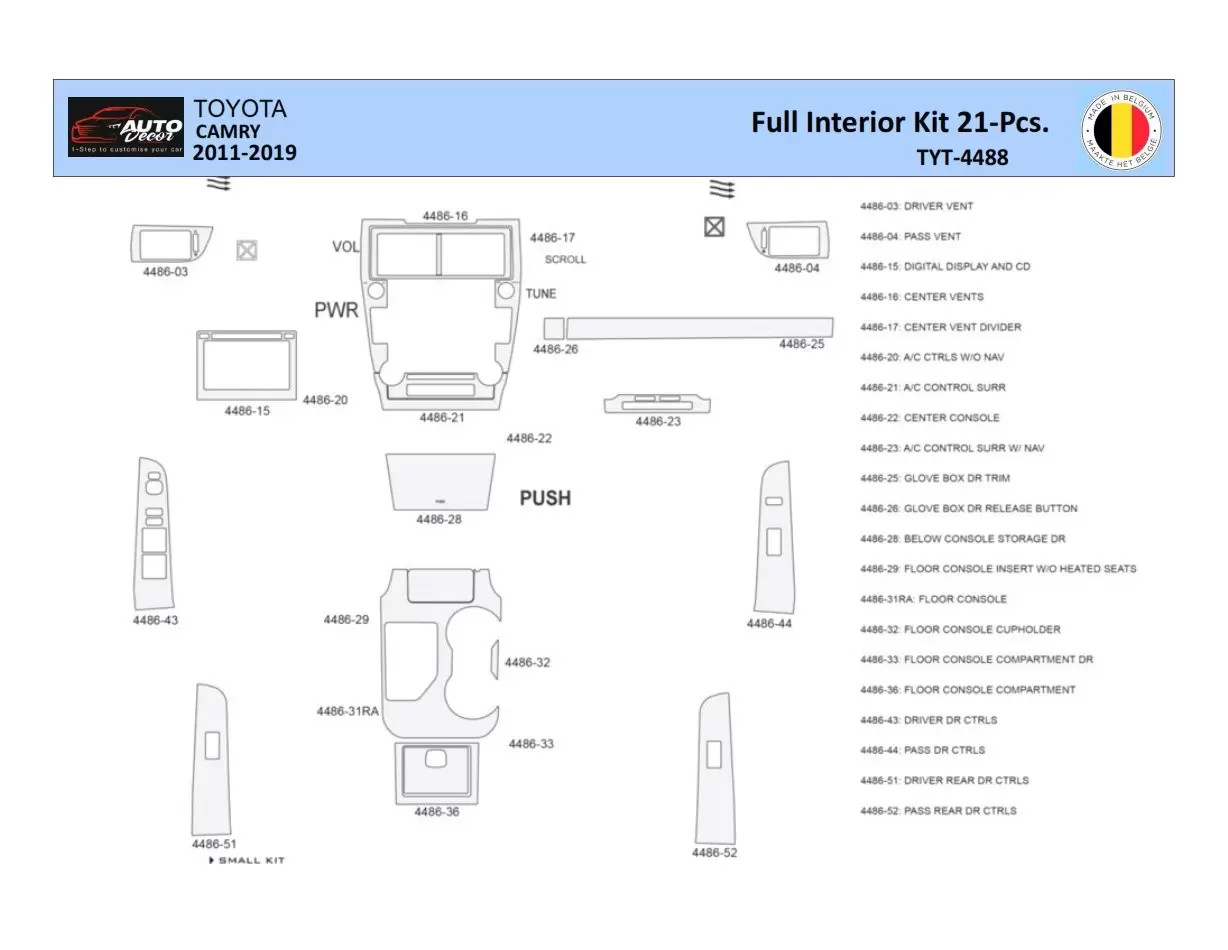 Toyota Camry 2011-2019 Inleg dashboard Interieurset aansluitend en pasgemaakt 21 Delen