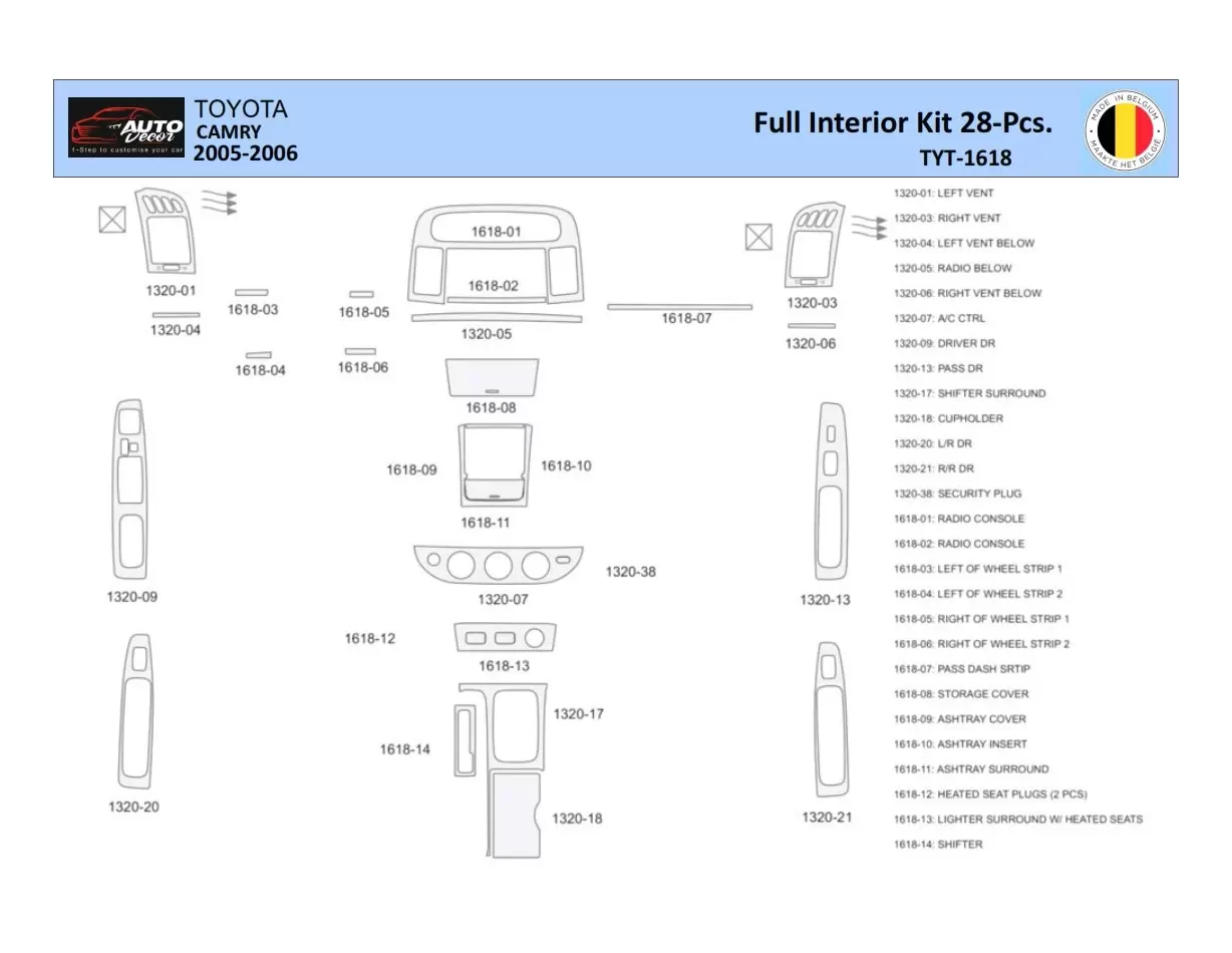 Toyota Camry 2005-2006 Inleg dashboard Interieurset aansluitend en pasgemaakt 28 Delen