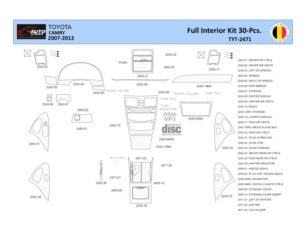 Toyota Camry 2006-2013 Inleg dashboard Interieurset aansluitend en pasgemaakt 30 Delen