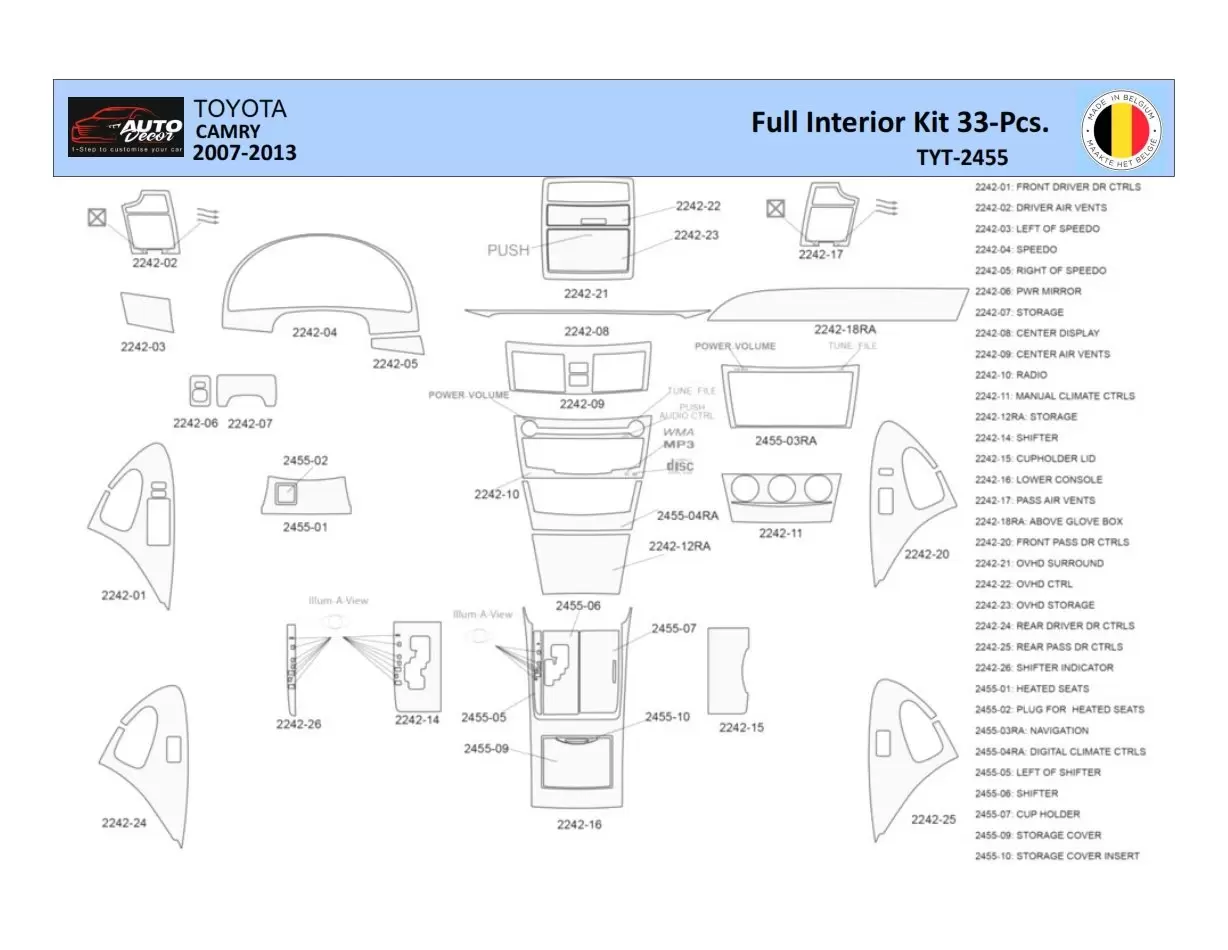 Toyota Camry 2006-2013 Inleg dashboard Interieurset aansluitend en pasgemaakt 33 Delen