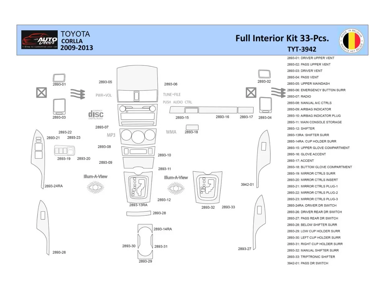 Toyota Corolla 2009 Inleg dashboard Interieurset aansluitend en pasgemaakt 33 Delen