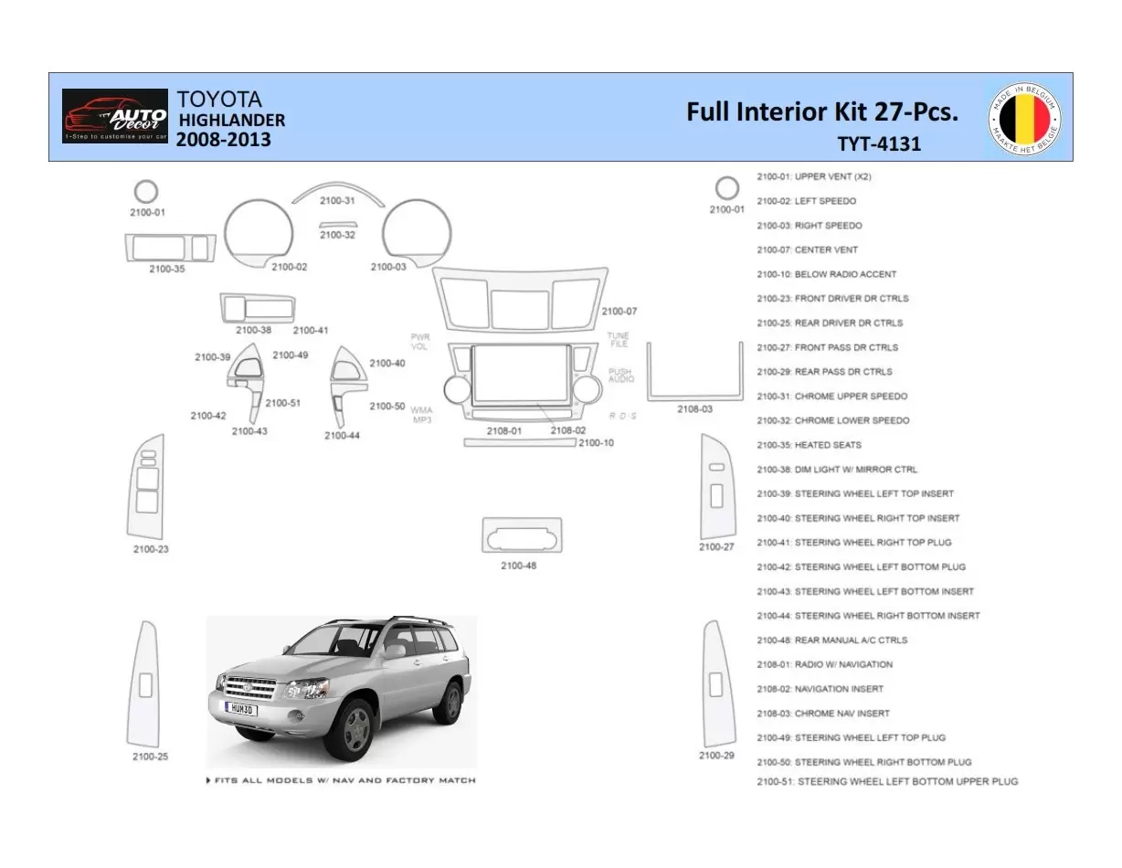 Toyota Highlander 2008-2013 Inleg dashboard Interieurset aansluitend en pasgemaakt 27 Delen