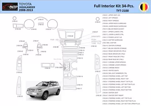 Toyota Highlander 2008-2013 Kit la décoration du tableau de bord 34 Pièce - 1 - habillage decor de tableau de bord