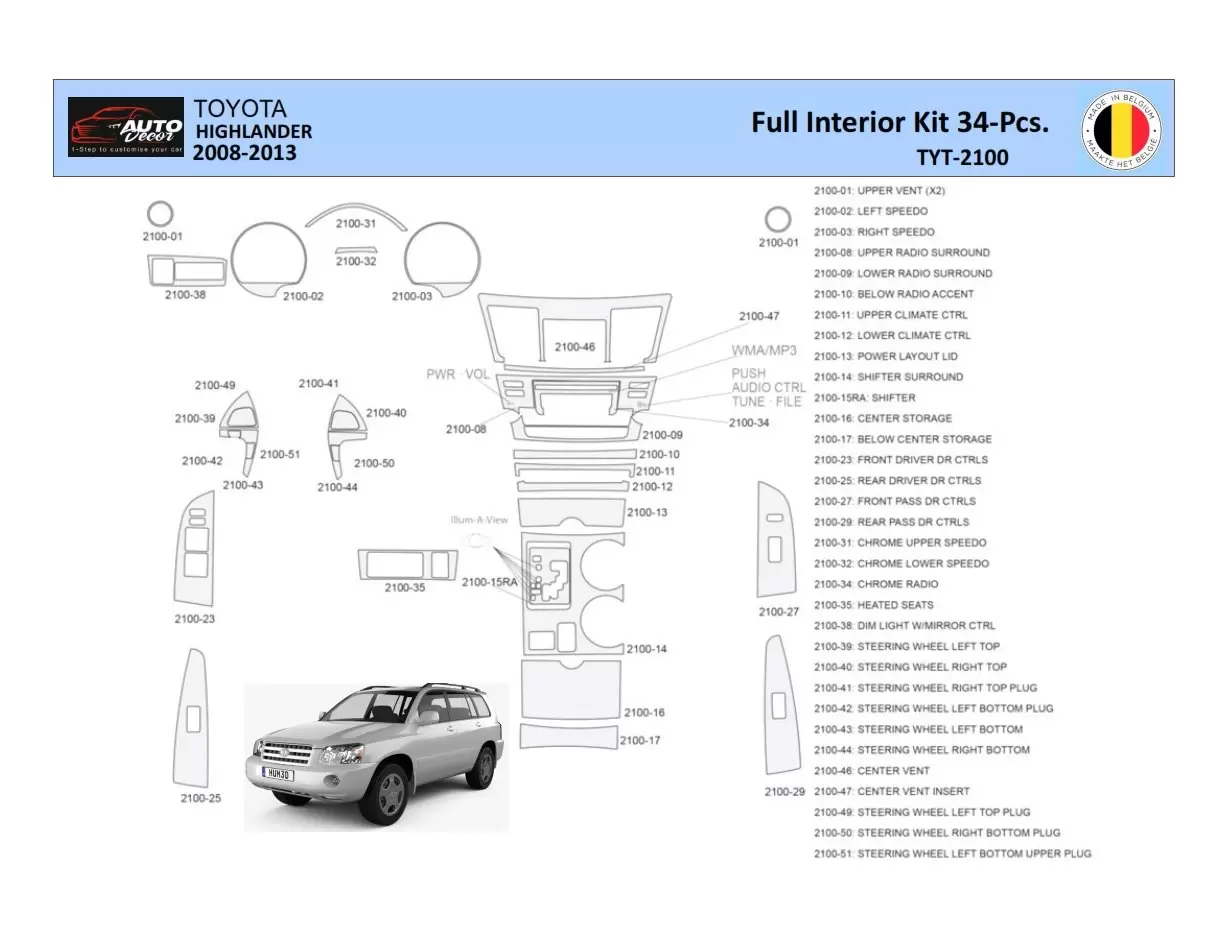 Toyota Highlander 2008-2013 Inleg dashboard Interieurset aansluitend en pasgemaakt 34 Delen