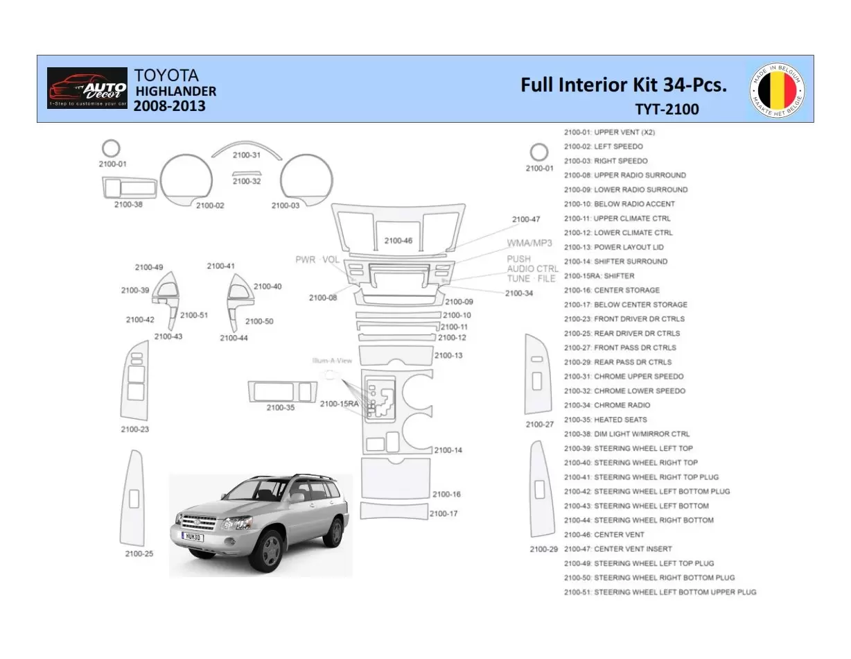 Toyota Highlander 2008-2013 Mascherine sagomate per rivestimento cruscotti 34 Decori