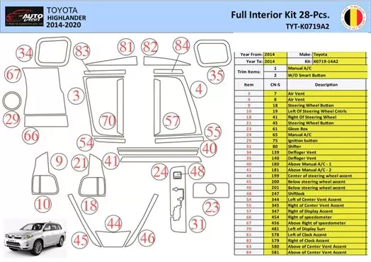 Toyota Highlander 2013-2016 Interior WHZ Dashboard trim kit 28 Parts