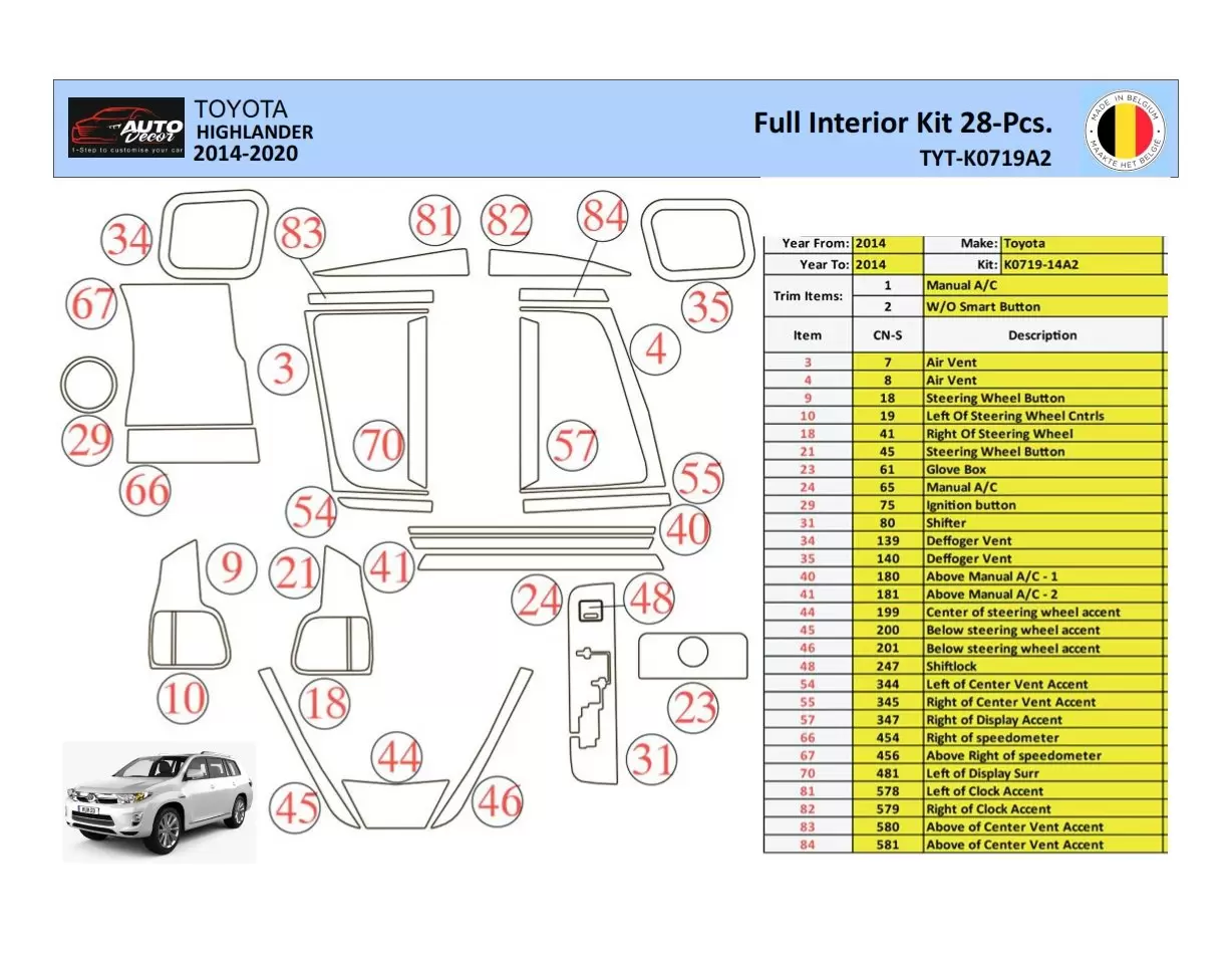 Toyota Highlander 2013-2016 Inleg dashboard Interieurset aansluitend en pasgemaakt 28 Delen