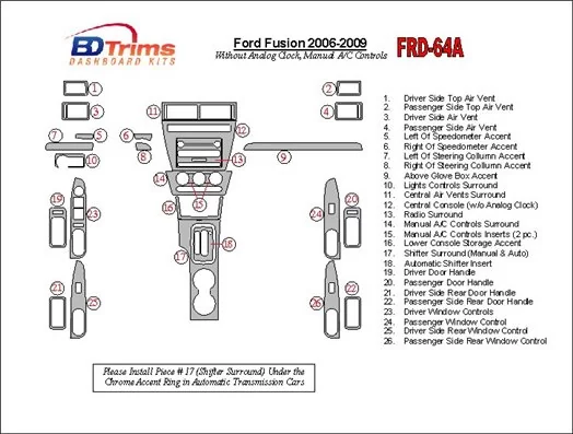 Ford Fusion 2006-2009 With Automatic Clock, Manual Gearbox A/C Controls BD Interieur Dashboard Bekleding Volhouder