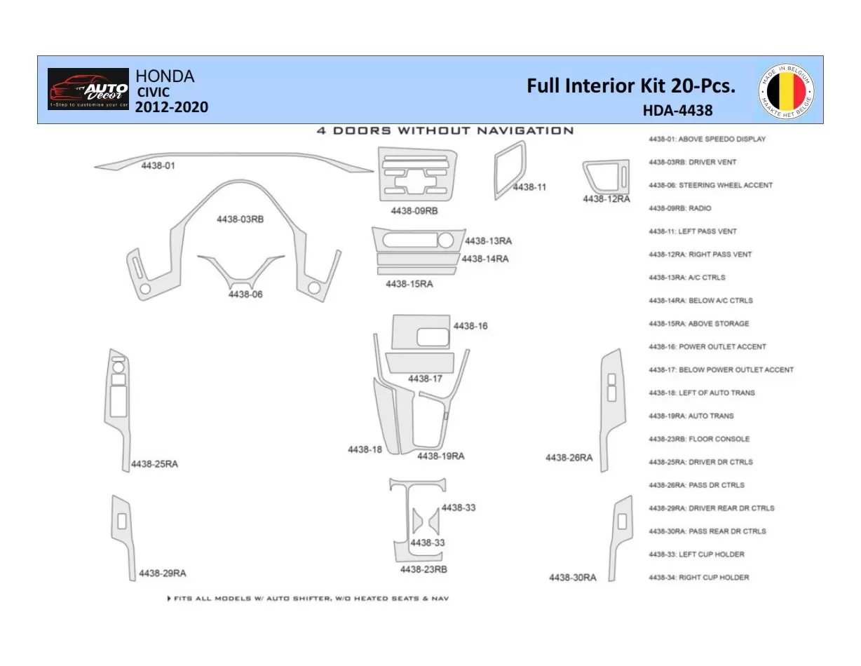 Honda Civic X 2012-2015 Interior WHZ Dashboard trim kit 20 Parts